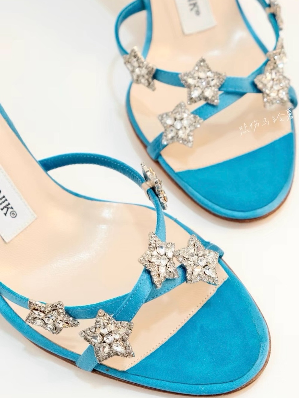Manolo Blahnik Turquoise Satin Heels with Crystal Star Straps - Picture 2 of 7